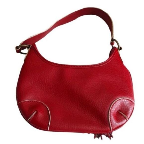 Tommy Hilfiger Handbag Studded Embroidered Leather Strap Tasseled Red - Picture 2 of 14